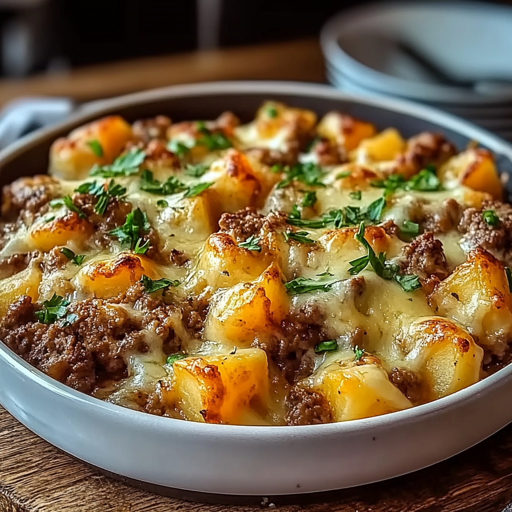 Recipe preparation for One-Pan Cheesy Meat & Potato Skillet