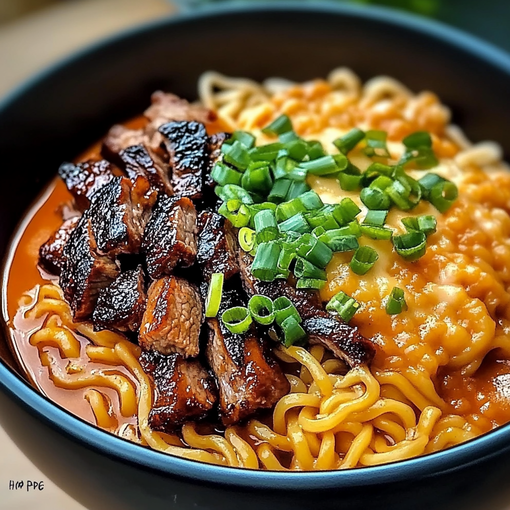 Recipe preparation for Spicy Korean Ramen with Grilled Beef & Creamy Sauce