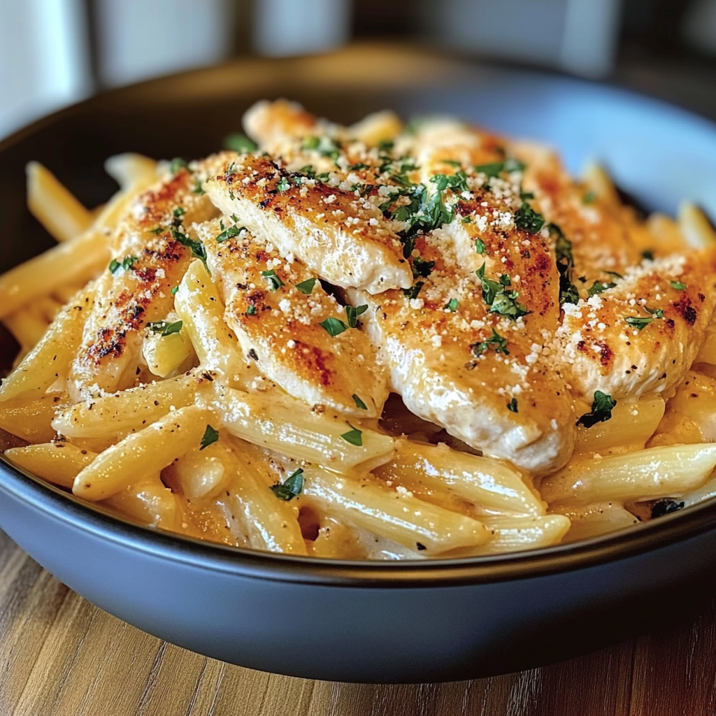 Recipe preparation for Creamy Parmesan Chicken with Penne