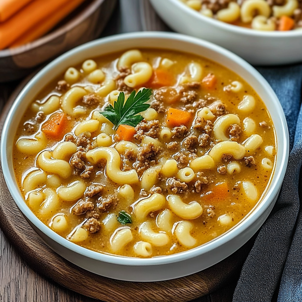 Recipe preparation for One-Pot Macaroni Cheeseburger Soup