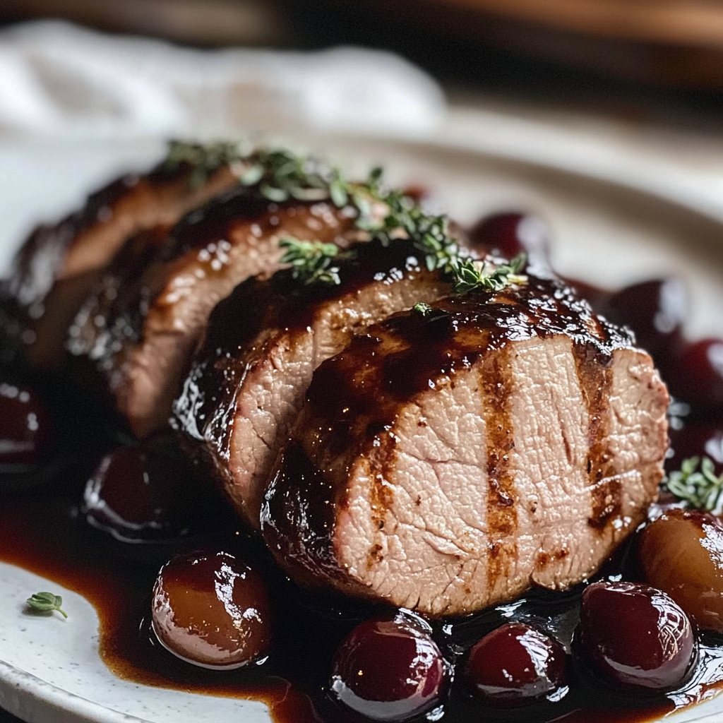 Recipe preparation for Cherry Balsamic Glazed Pork Tenderloin