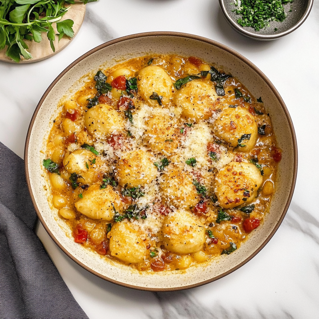 Recipe preparation for Garlic Chicken Gnocchi Skillet