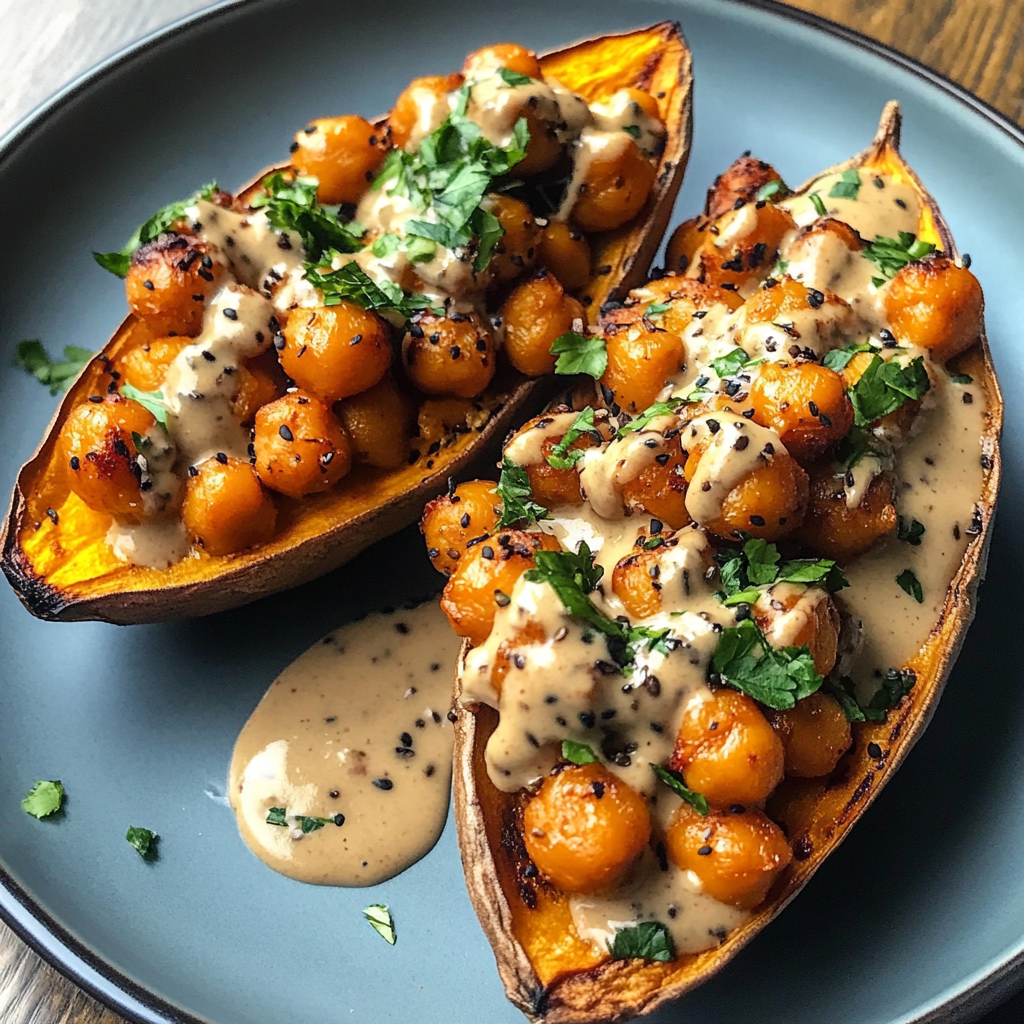 Recipe preparation for Sweet Potatoes with Tahini Butter Chickpeas