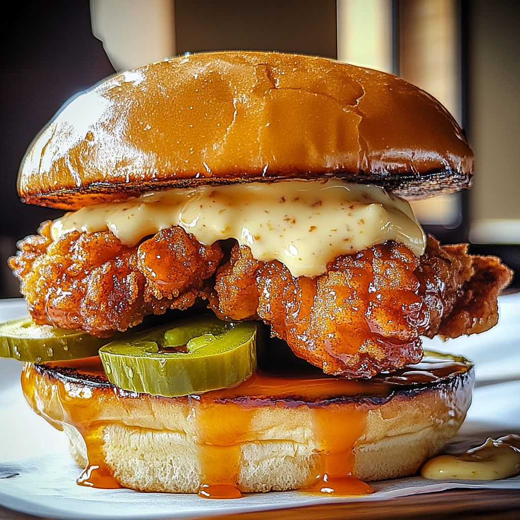 Recipe preparation for Jalapeno Honey Drenched Crispy Fried Chicken Sandwich