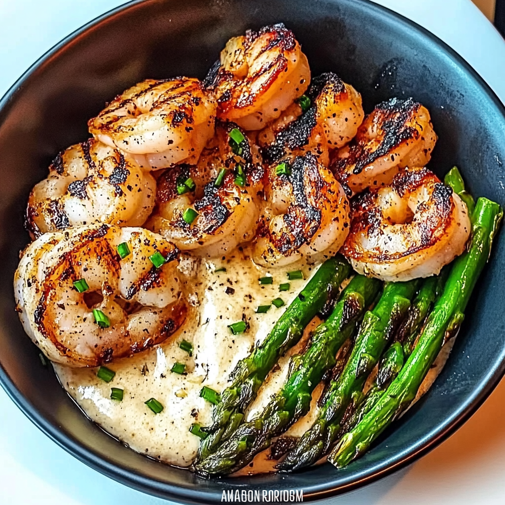 Recipe preparation for Grilled Shrimp Bowl with Asparagus & Creamy Garlic Sauce