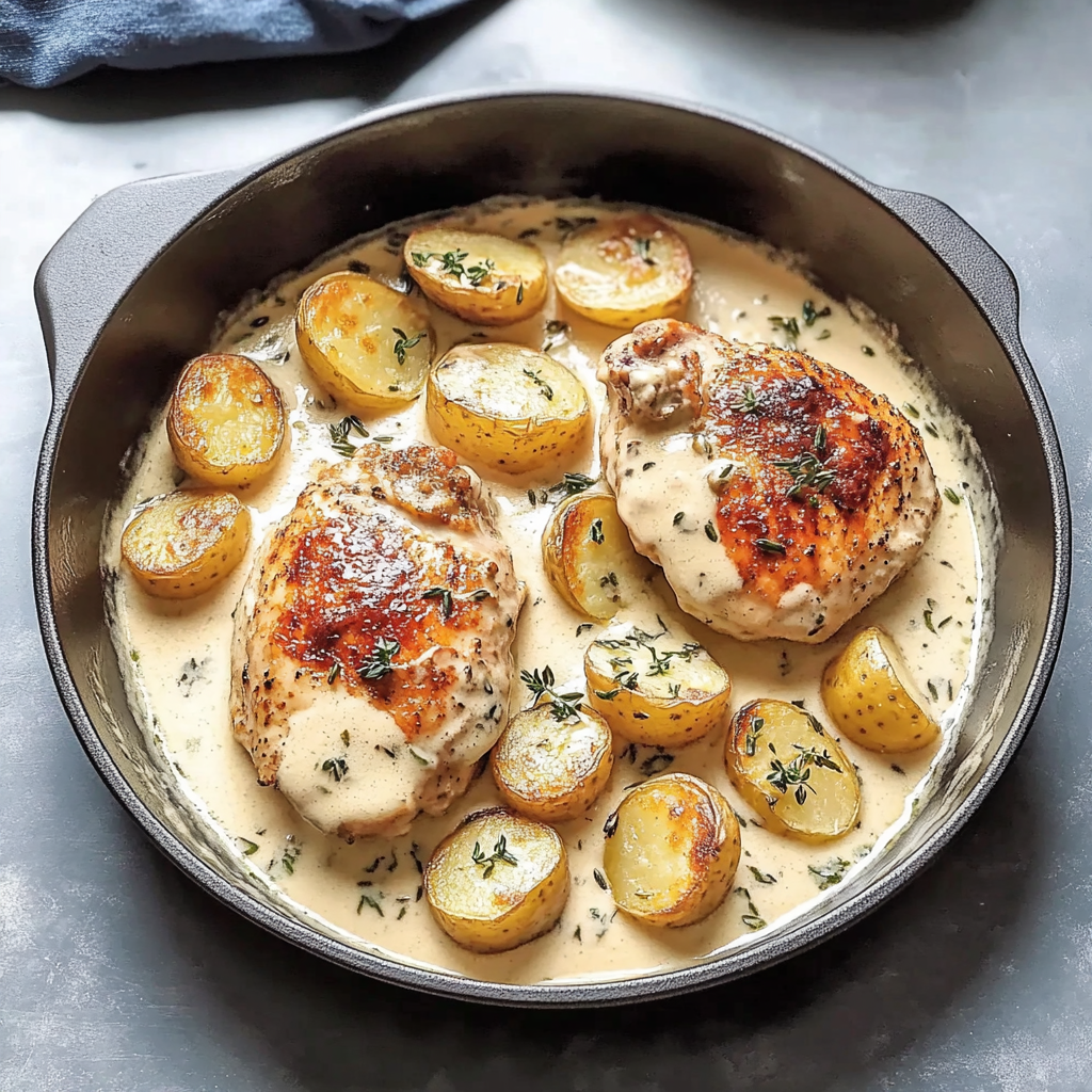Recipe preparation for Heavenly Chicken and Potatoes with Dijon Cream Sauce Delight
