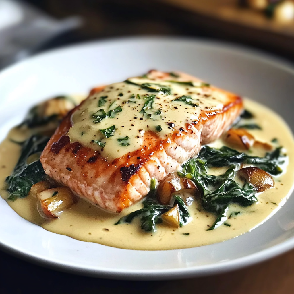 Recipe preparation for Pan-Seared Salmon Florentine