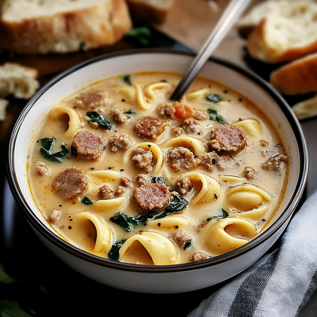 Recipe preparation for Slow Cooker Creamy Sausage & Tortellini Soup