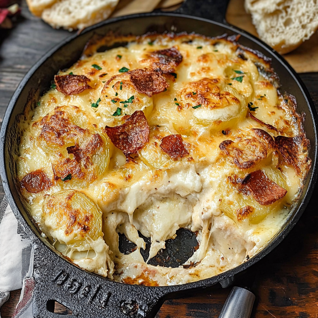 Recipe preparation for French Potato Gratin with Oozy Cheese