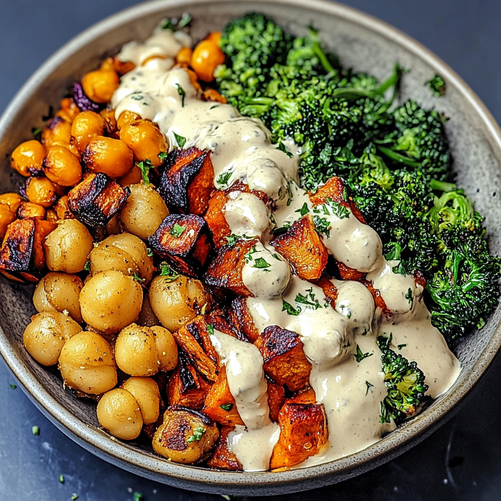 Recipe preparation for Roasted Vegetable & Chickpea Bowl with Tahini Dressing