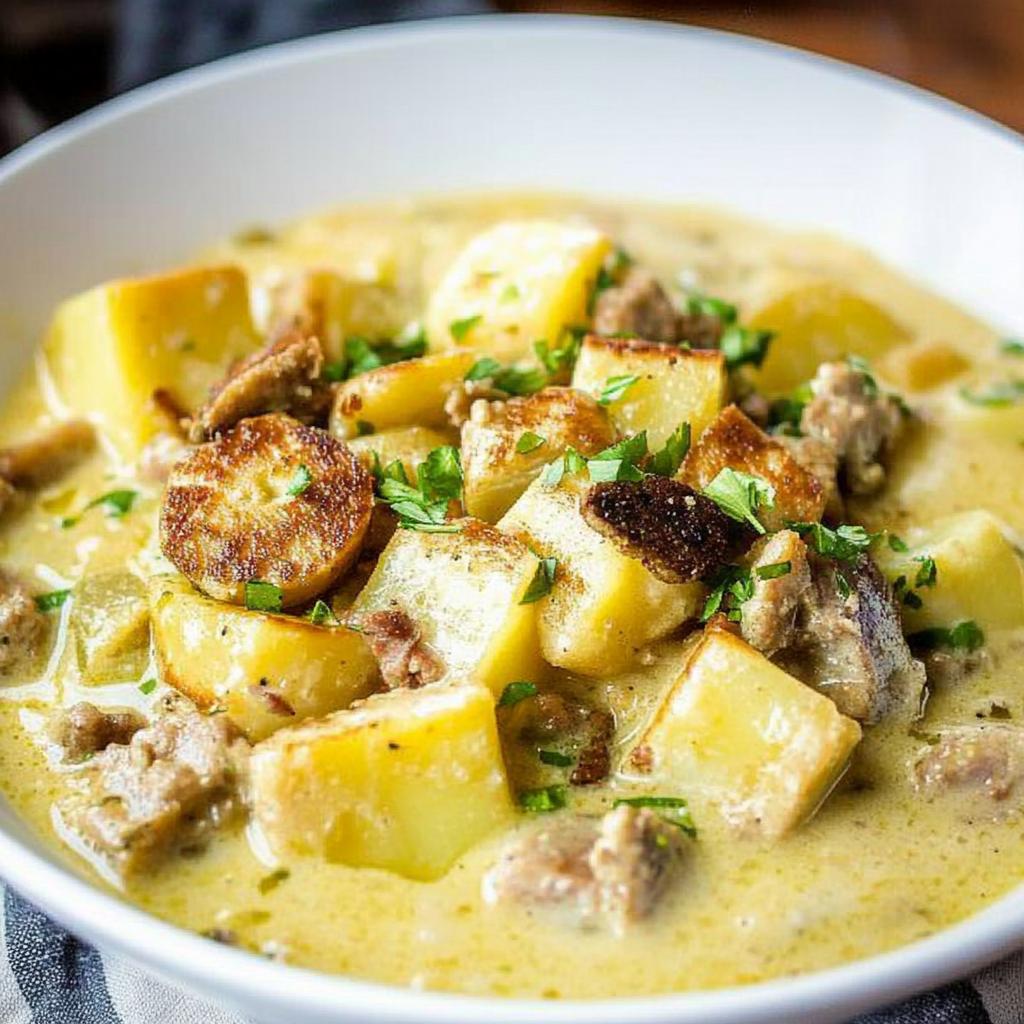 Recipe preparation for Creamy Sausage Potato Soup with Roasted Halloumi