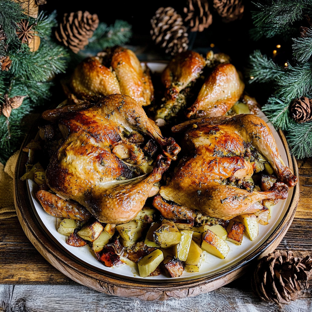 Recipe preparation for Herb Roasted Cornish Game Hens with Chestnut Pear Stuffing