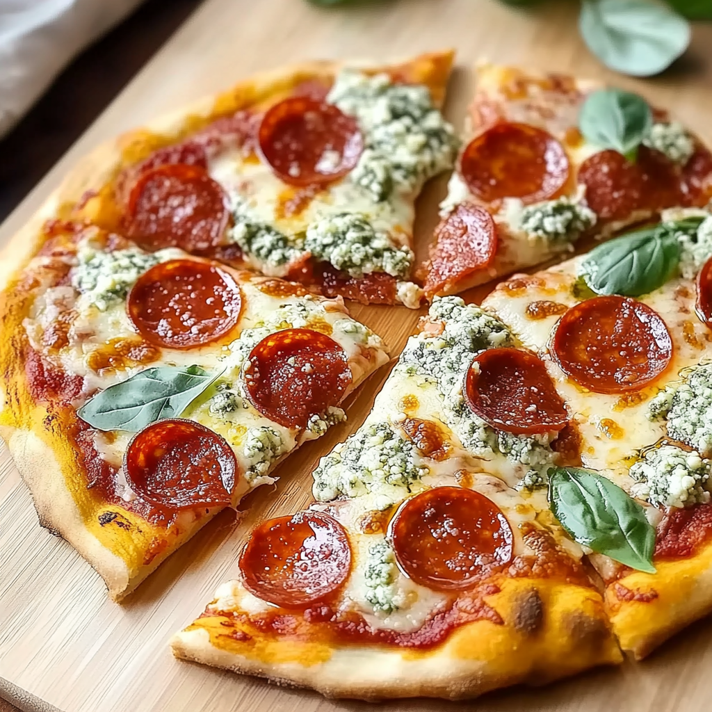 Recipe preparation for Hot Honey Pepperoni Ricotta Pizza
