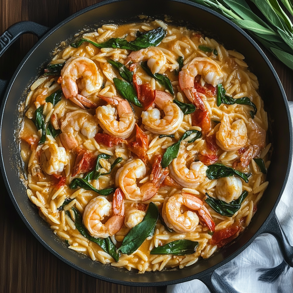 Recipe preparation for Creamy Shrimp Orzo (Easy One-Pan Meal)