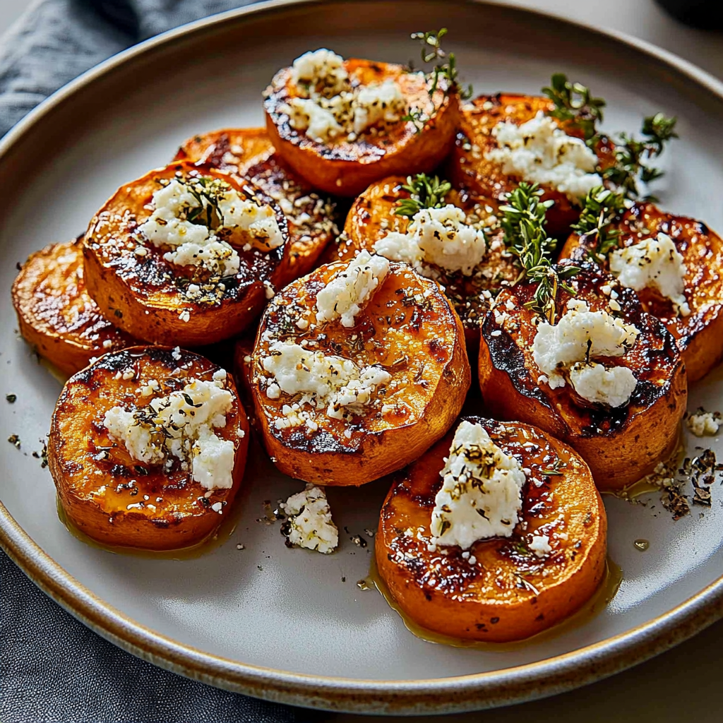 Recipe preparation for Honey Feta Sweet Potato Rounds