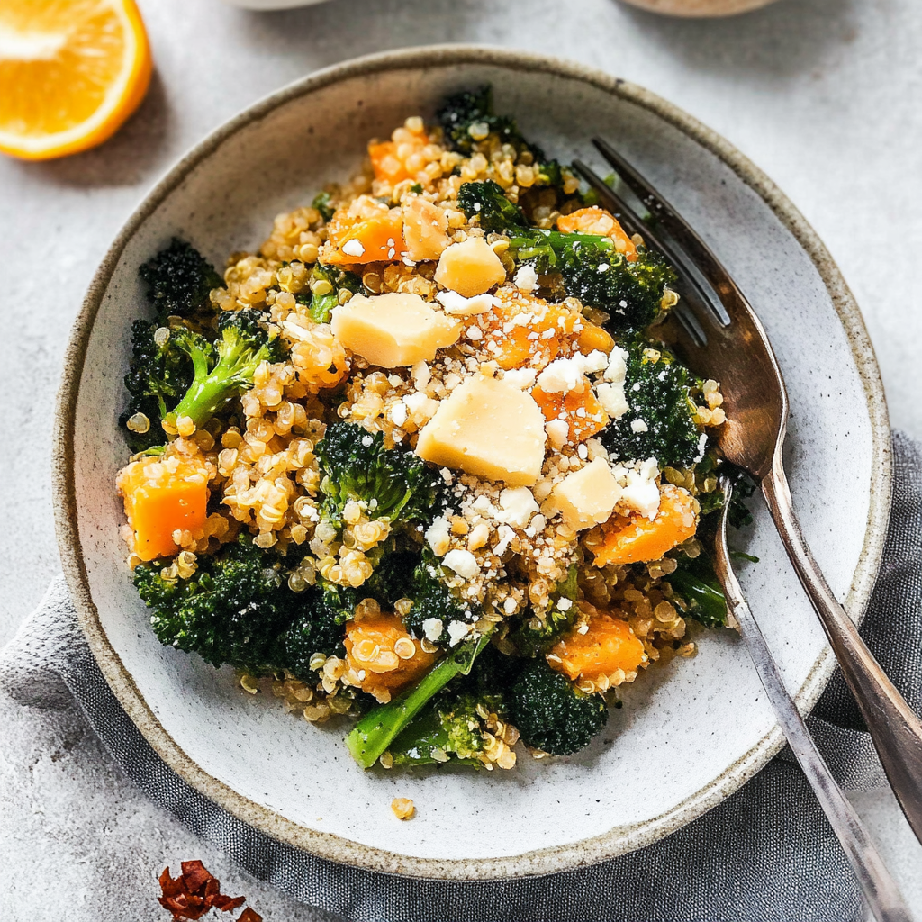 Recipe preparation for Roasted Broccoli Cheddar Quinoa Bowl