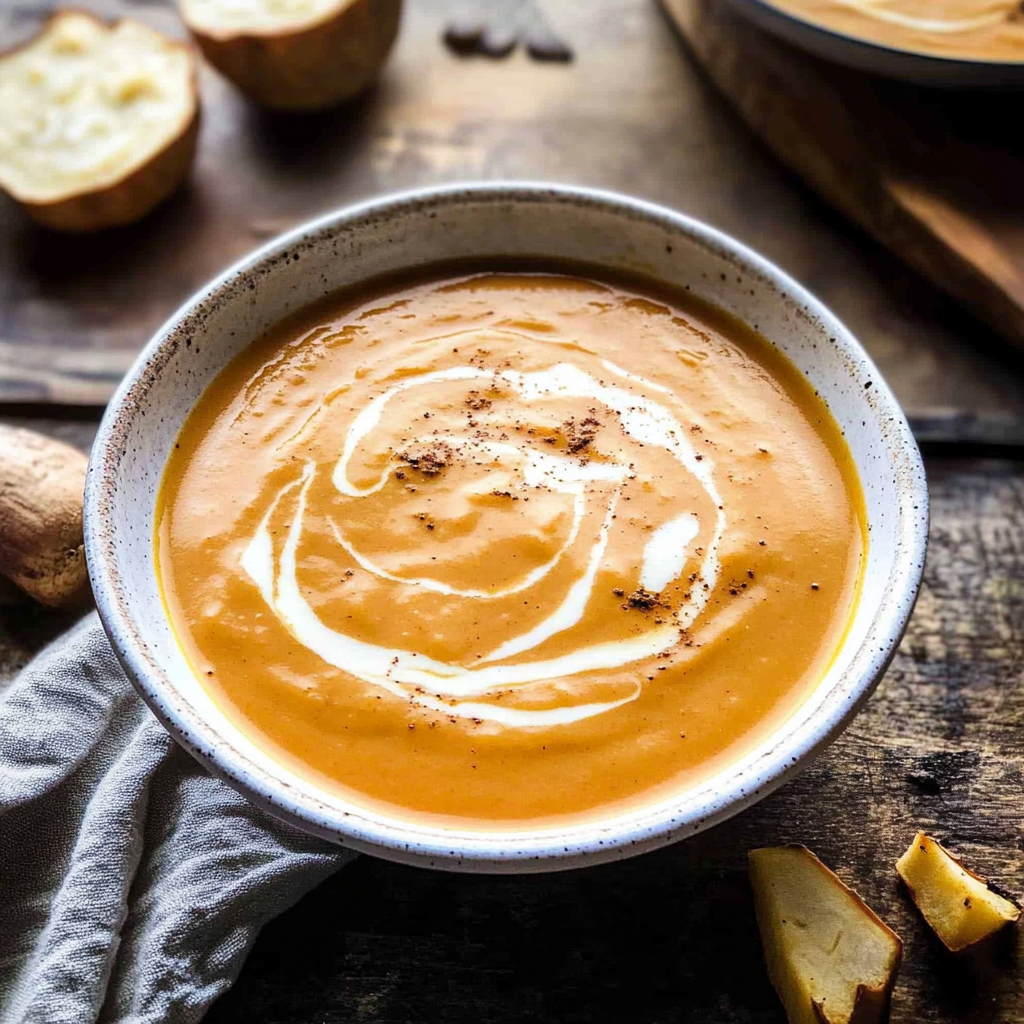 Recipe preparation for Spiced Sweet Potato Soup with Maple Drizzle