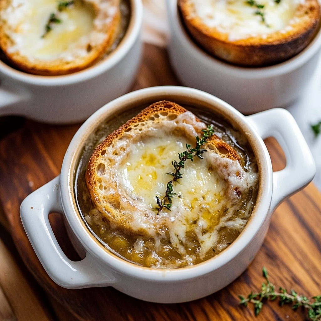 Recipe preparation for French Onion Soup with Toasted Gruyère