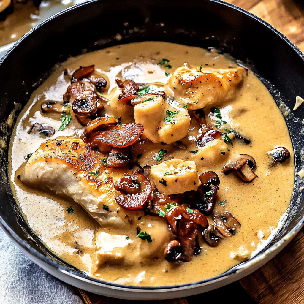Recipe preparation for Winter Chicken in Mushroom Wine Pan Sauce