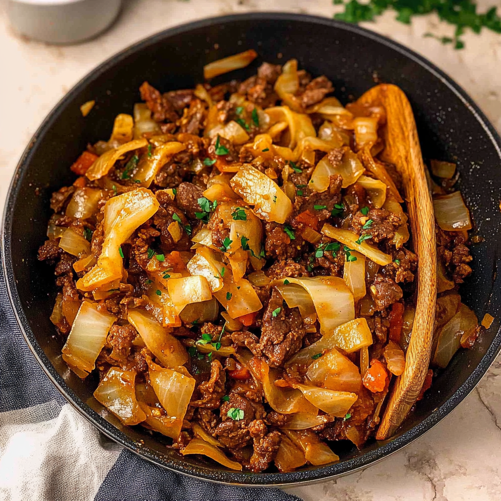 Recipe preparation for Savory Beef & Cabbage Skillet