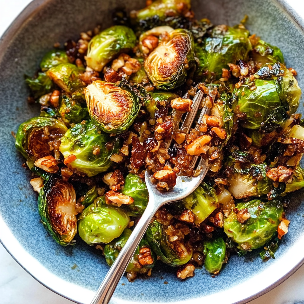 Recipe preparation for Maple Pecan Brussels Sprouts