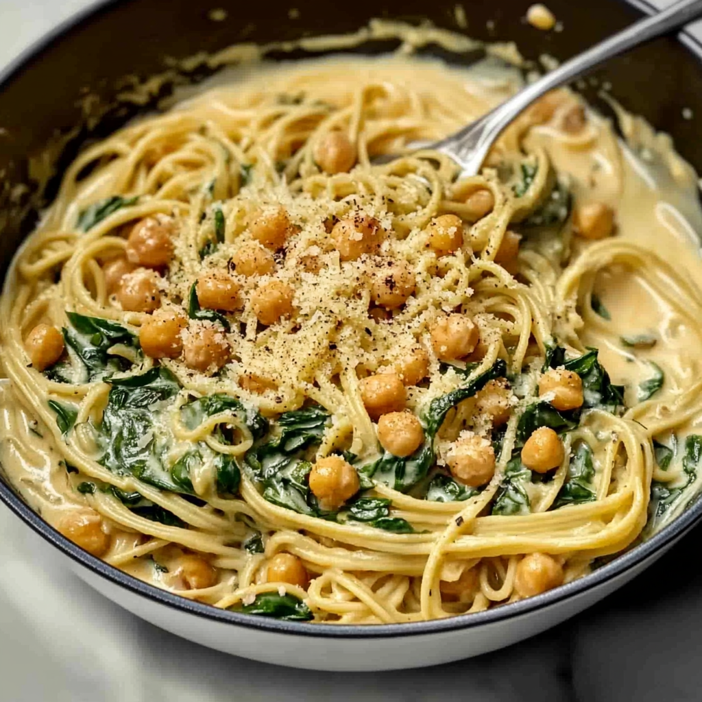 Recipe preparation for Creamy Garlic Chickpea Pasta with Spinach
