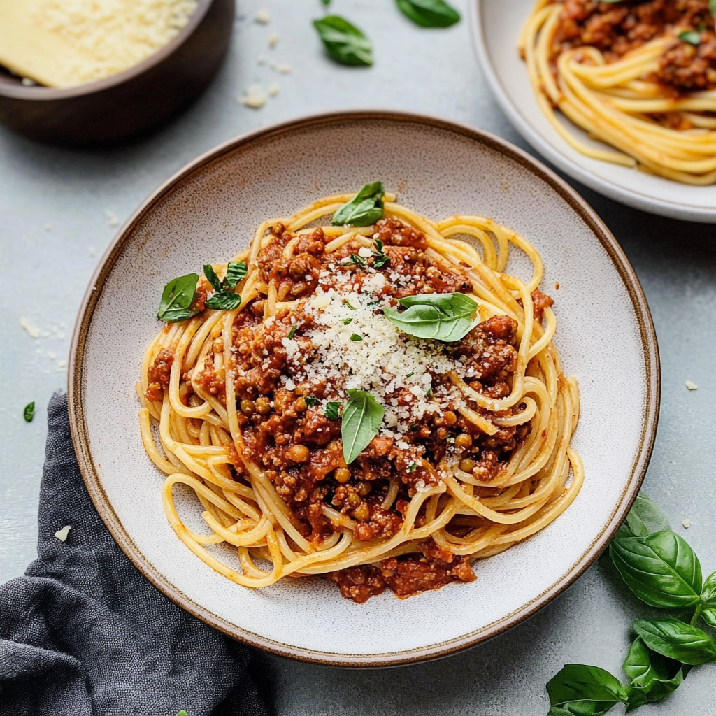 Recipe preparation for Lentil Bolognese Pasta with Parmesan
