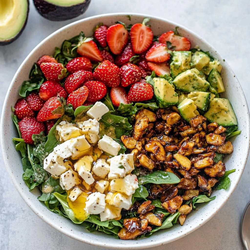 Recipe preparation for Strawberry Spinach Salad with Honey Champagne Vinaigrette
