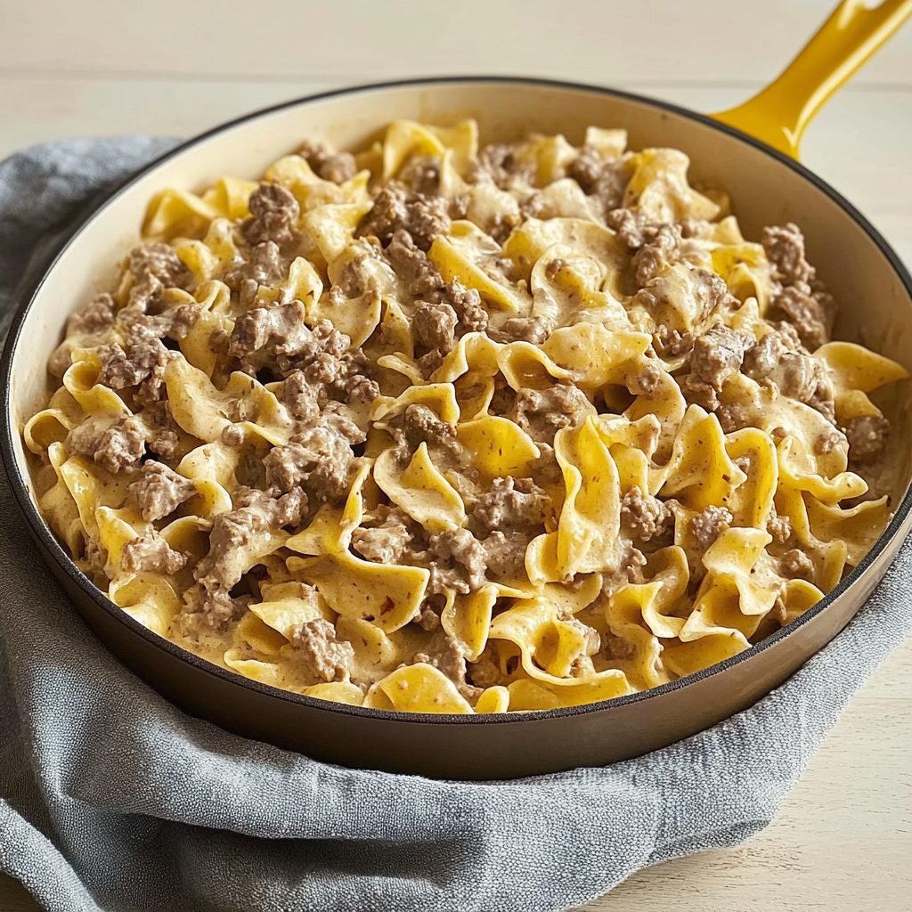 Recipe preparation for Quick Beef Stroganoff with Egg Noodles