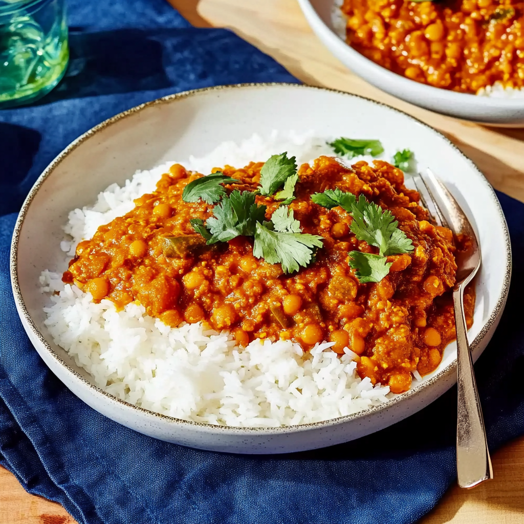 Recipe preparation for Red Lentil Coconut Curry with Rice