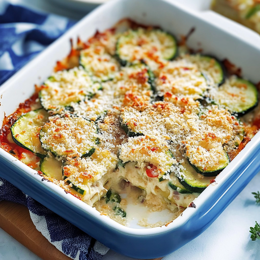 Recipe preparation for Cheesy Baked Zucchini with Garlic Butter Crumbs