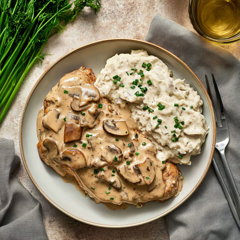 Recipe preparation for Creamy Mushroom Pork Skillet