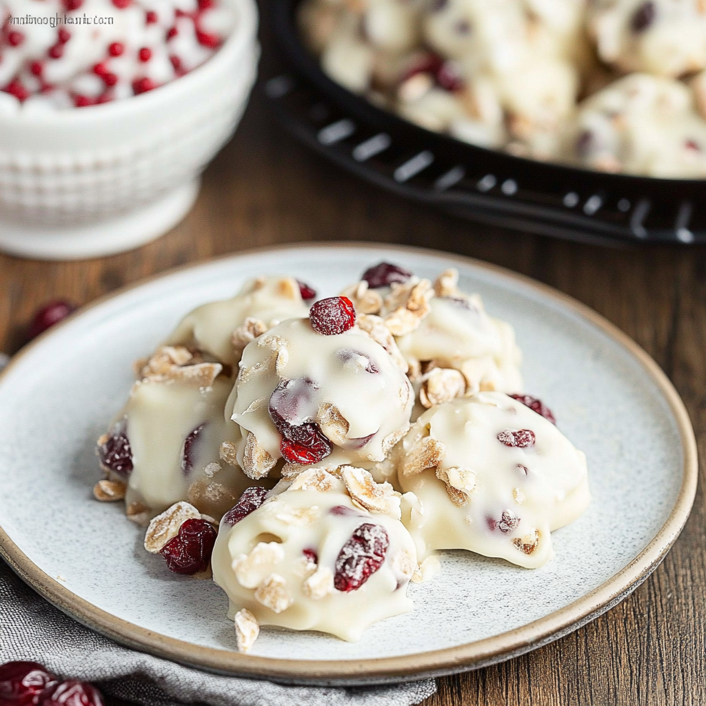 Recipe preparation for No-Bake White Chocolate Cranberry Clusters
