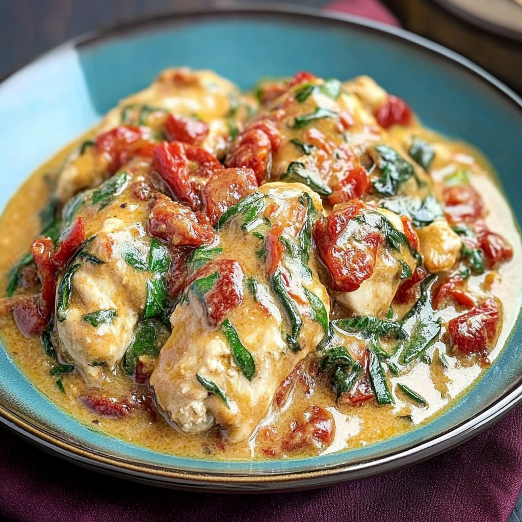 Recipe preparation for Slow Cooker Creamy Tuscan Chicken with Spinach and Tomatoes