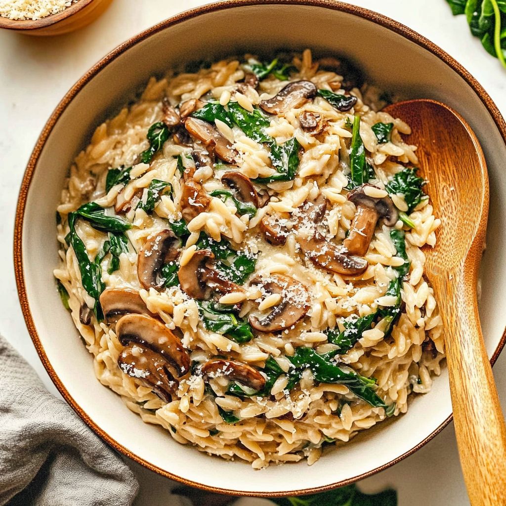 Recipe preparation for Creamy Mushroom Parmesan Orzo Skillet with Spinach
