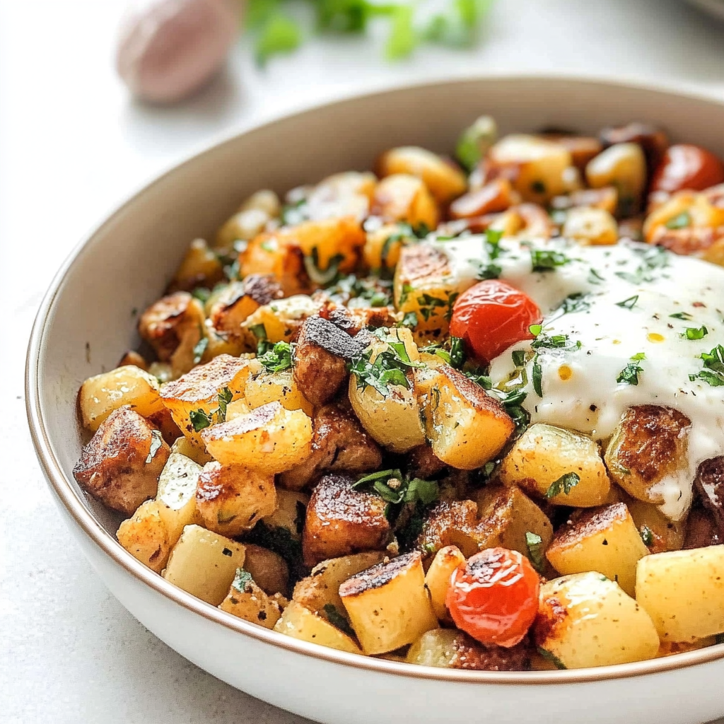 Recipe preparation for Crispy Potato & Chicken Sausage Scramble