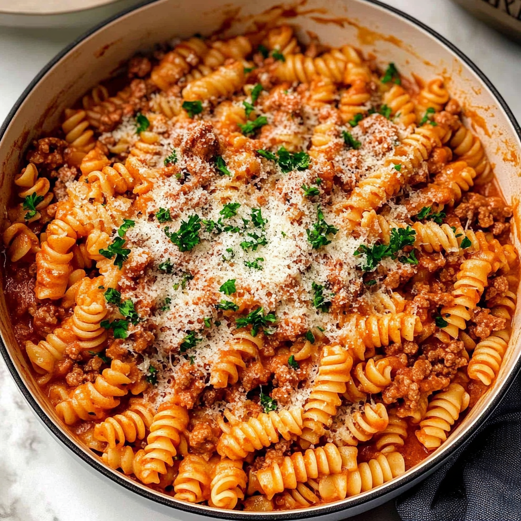 Recipe preparation for Creamy Tomato Ground Beef Pasta