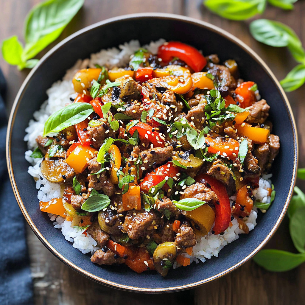 Recipe preparation for Beef Rice Bowls with Bell Peppers & Onions