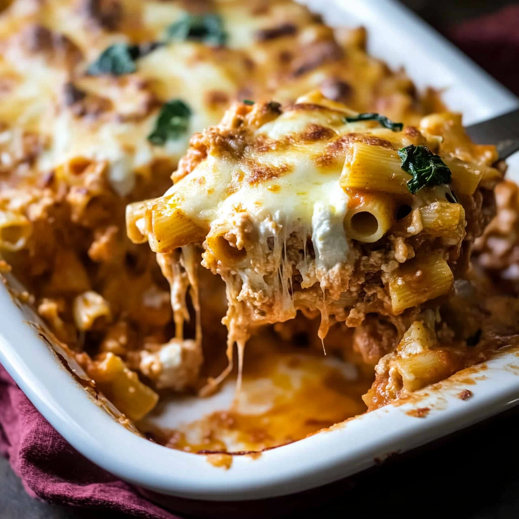 Recipe preparation for Cheesy Baked Ziti with Ricotta & Spinach