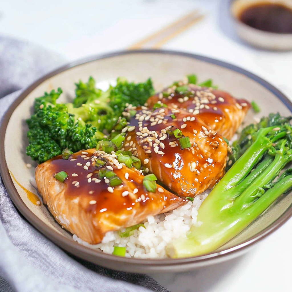 Recipe preparation for Baked Salmon with Sweet Chili Glaze & Rice