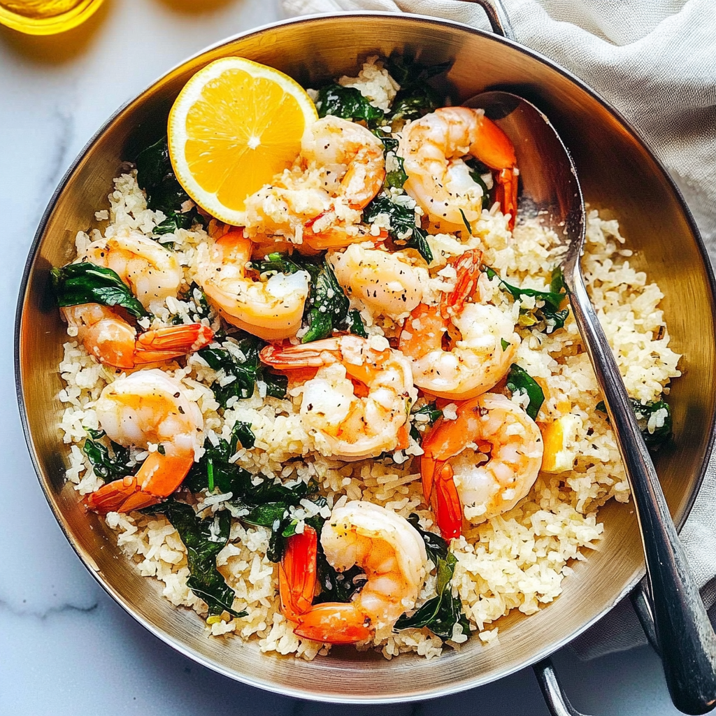 Recipe preparation for Garlic Shrimp Rice with Spinach