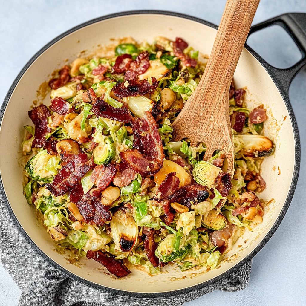 Recipe preparation for Holiday Maple Bacon Brussel Slaw