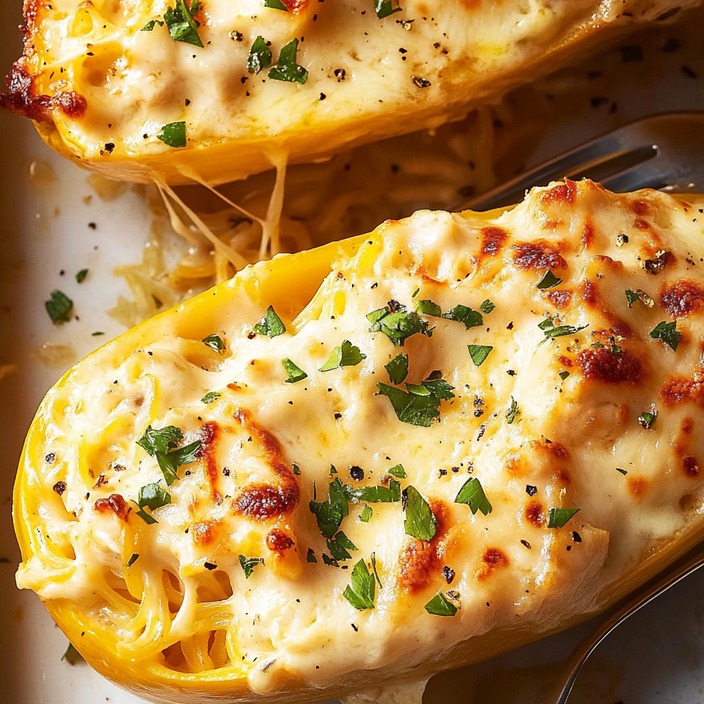 Recipe preparation for Low-Carb Chicken Alfredo Spaghetti Squash