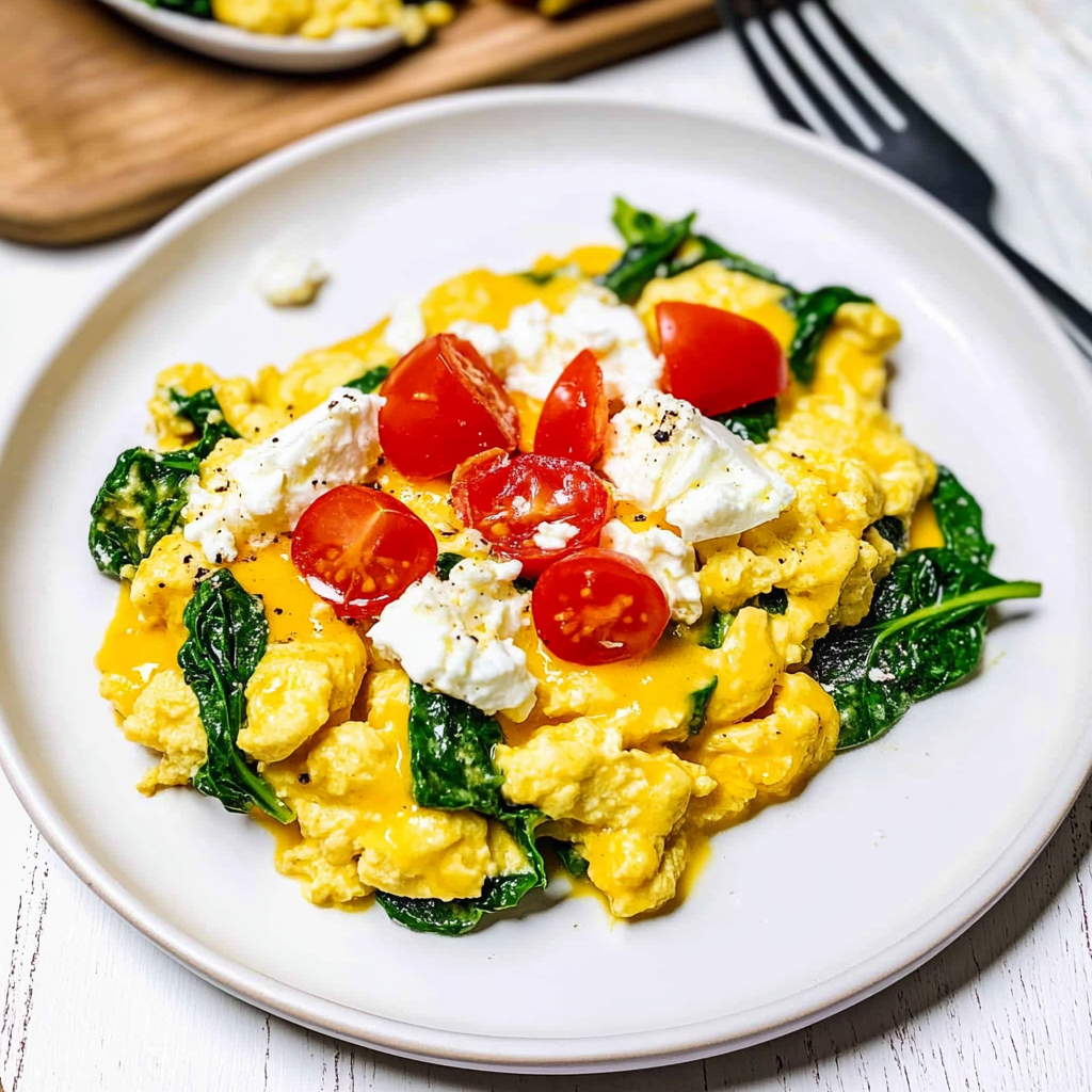 Recipe preparation for Cheesy Scrambled Eggs with Spinach & Tomato