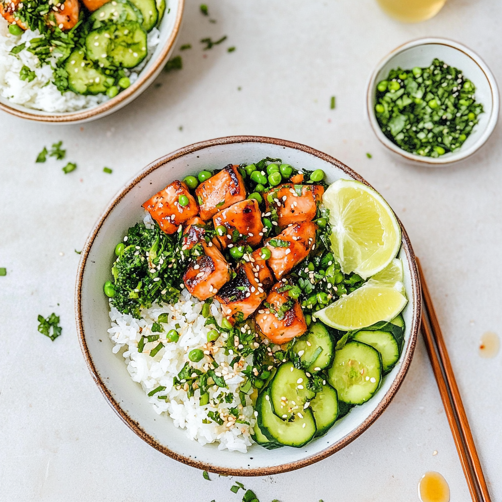 Recipe preparation for Garlic Butter Salmon Rice Bowl