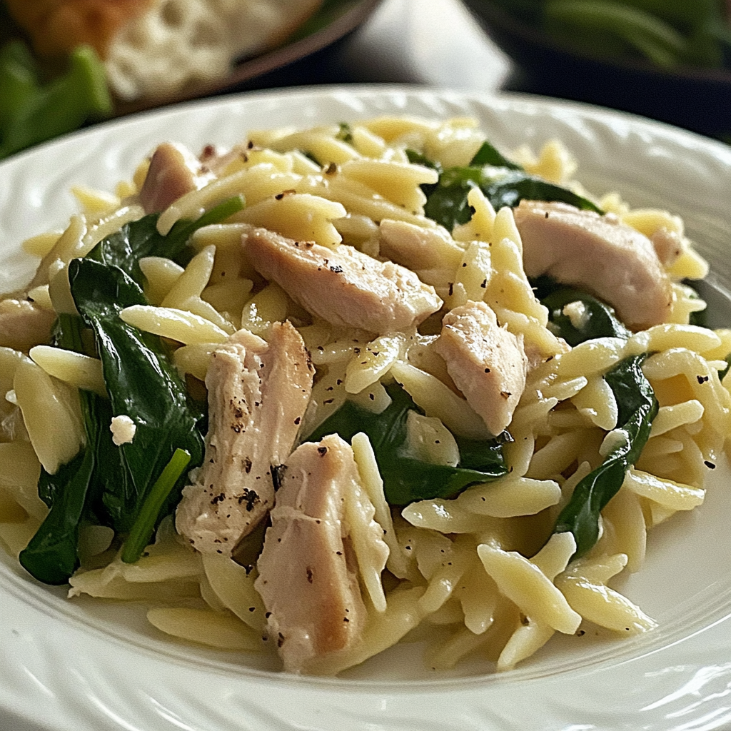 Recipe preparation for Creamy Orzo with Chicken & Spinach