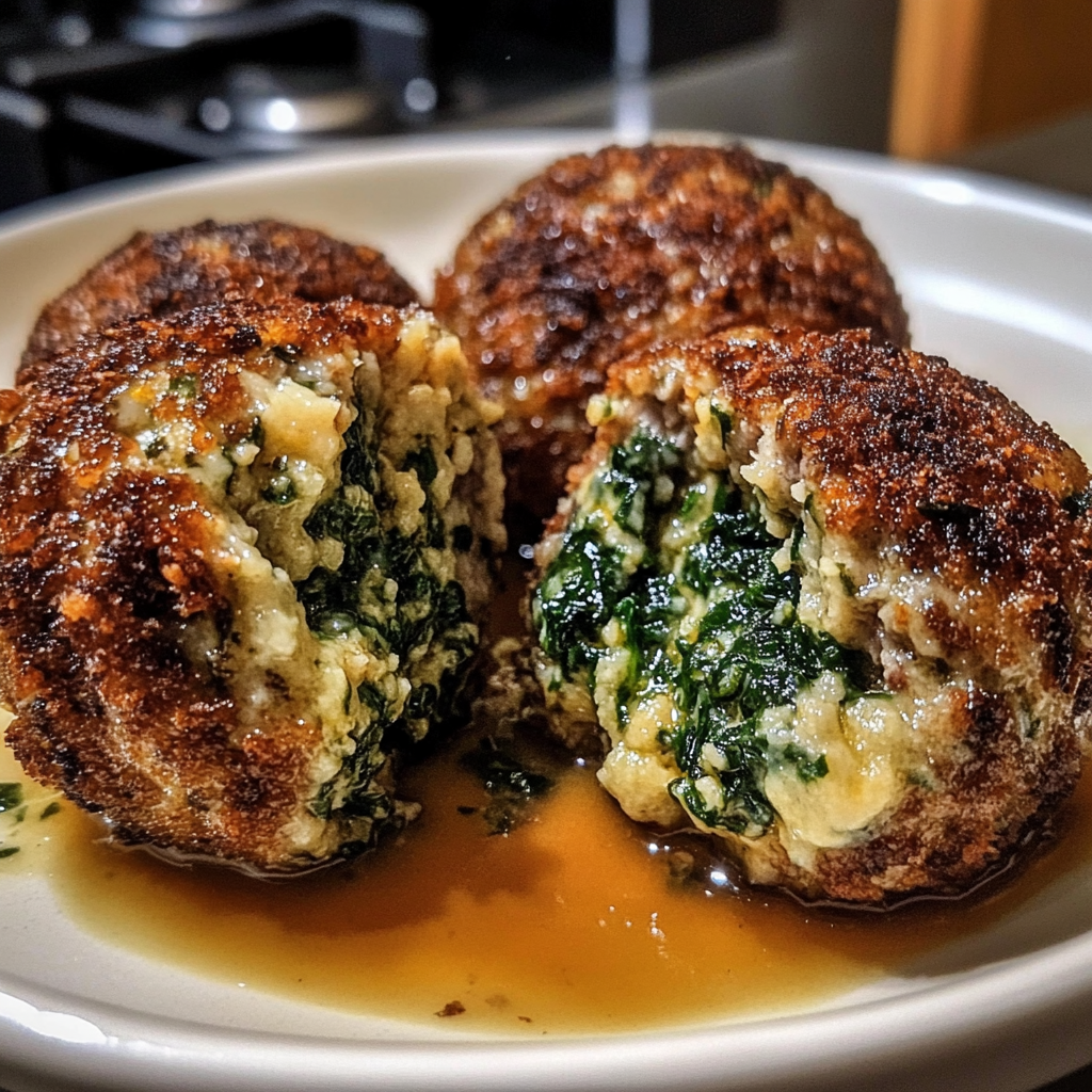 Recipe preparation for Spinach Garlic Meatballs Stuffed