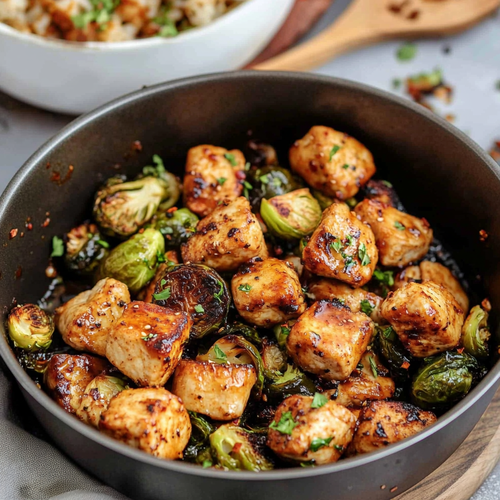 Recipe preparation for Air Fryer Sweet Chili Chicken and Brussels Sprouts