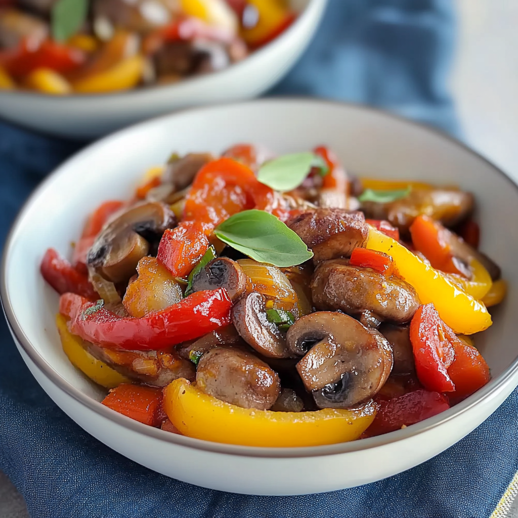 Recipe preparation for Sheet Pan Sausage with Mushrooms & Red Peppers