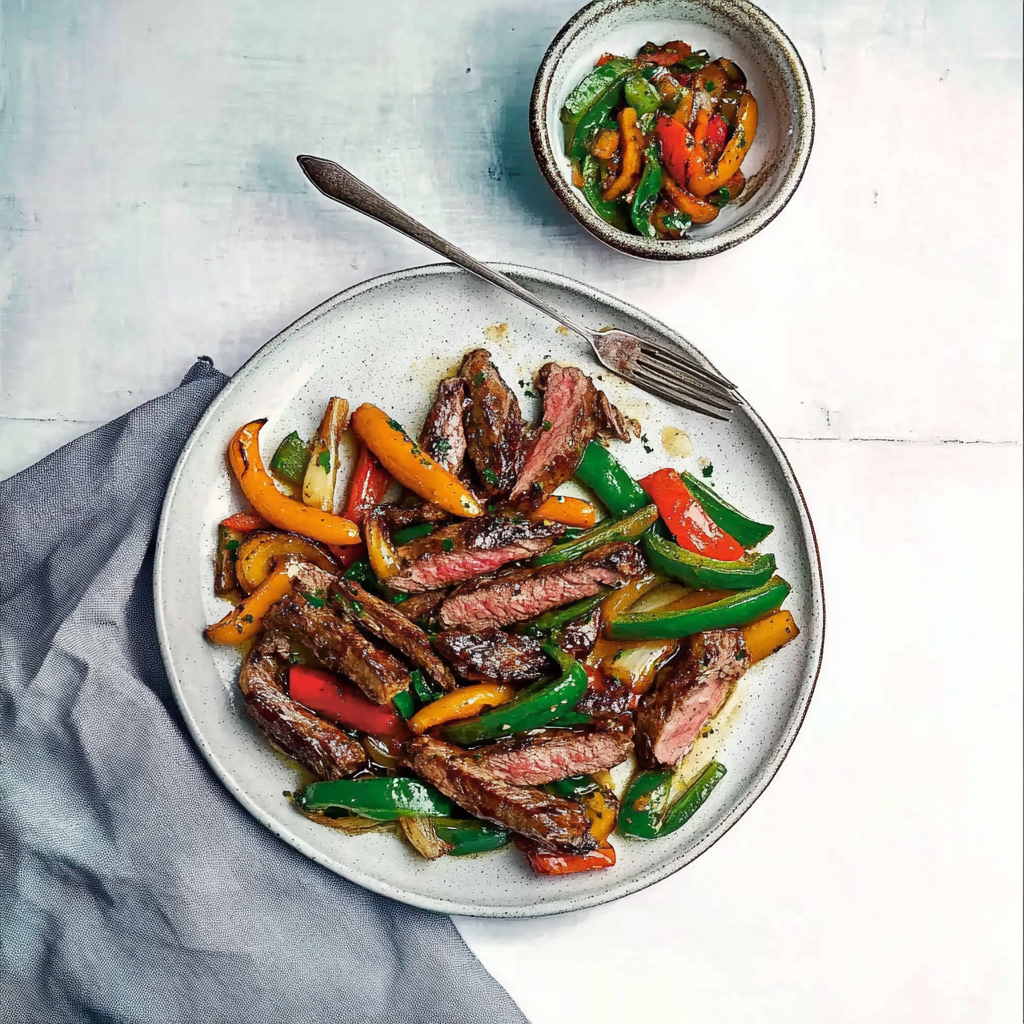 Recipe preparation for Grilled Steak together with Blistered Beans and Peppers